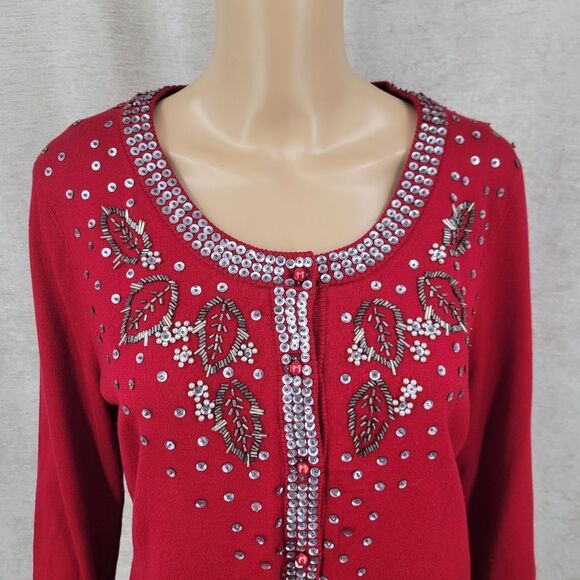 Liz Claiborne Silk Blend Red Embellished Cardigan Sweater Beaded Lined - Picture 4 of 12